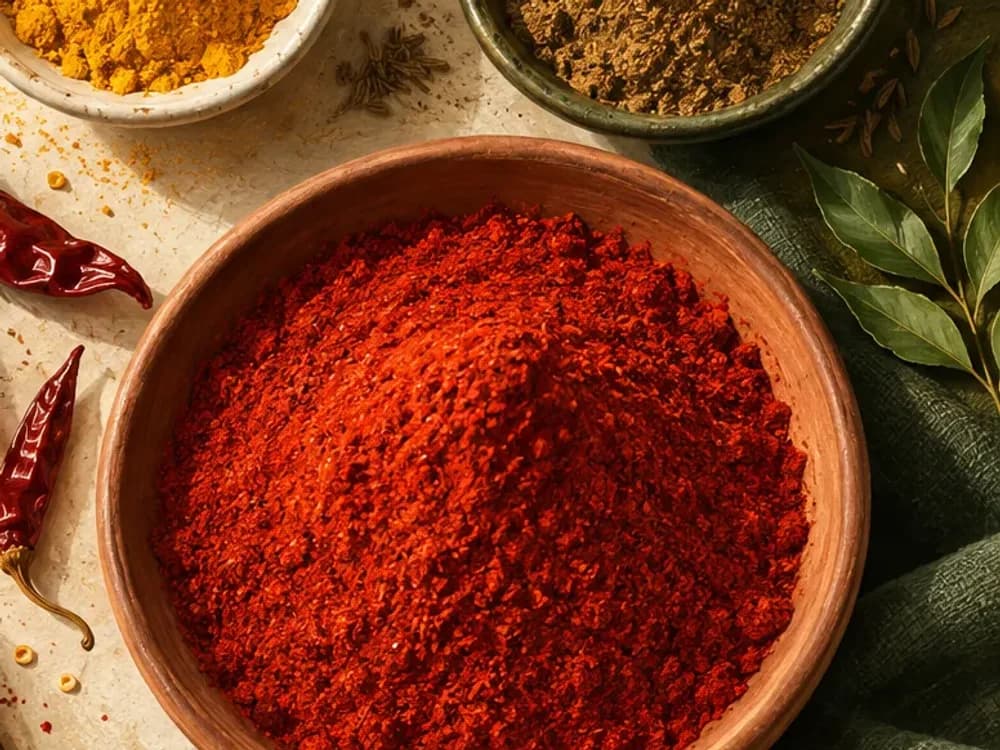 A bowl of vivid red chilli powder with dried chillies