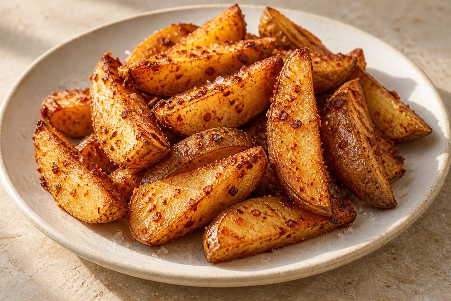 Serving idea: crisp chilli-roasted potato wedges