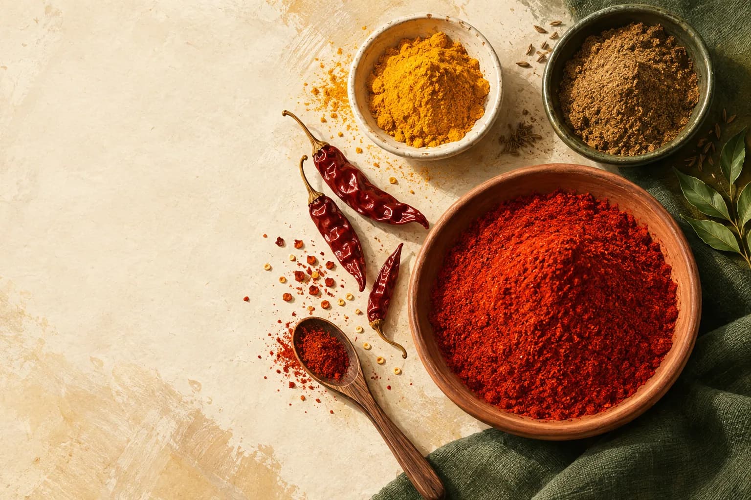 Bowls of ground spices and whole ingredients; ingredient imagery
